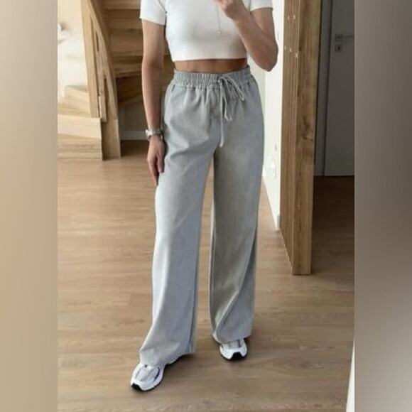 Zara Light Grey Elastic Waistband Trousers Size Large - Picture 9 of 12